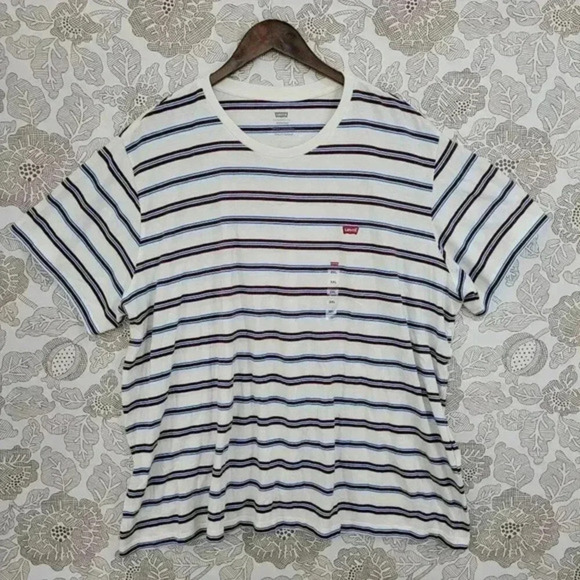 NWT Levis‎ Mens Striped T-Shirt 3XL White With Brown & Blue Stripes 100% Cotton - Picture 1 of 8